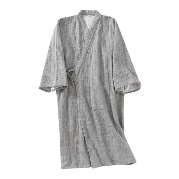 GPOECD Men's Woven Japanese Kimono Drawstring Thin Nine Point Sleeve Sweat Robe for Home and Breathable Men's Sleepwear Grey,M