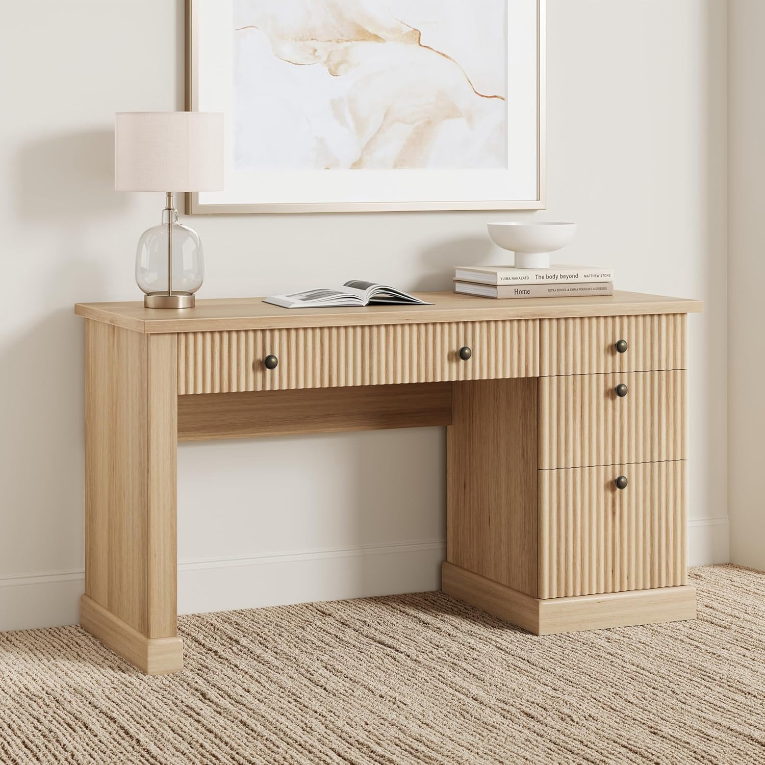 Modern 54" Fluted Home Office Desk with Charging Station, Wooden Executive Writing Desk, File Drawers for Study Room, Office Storage Solution