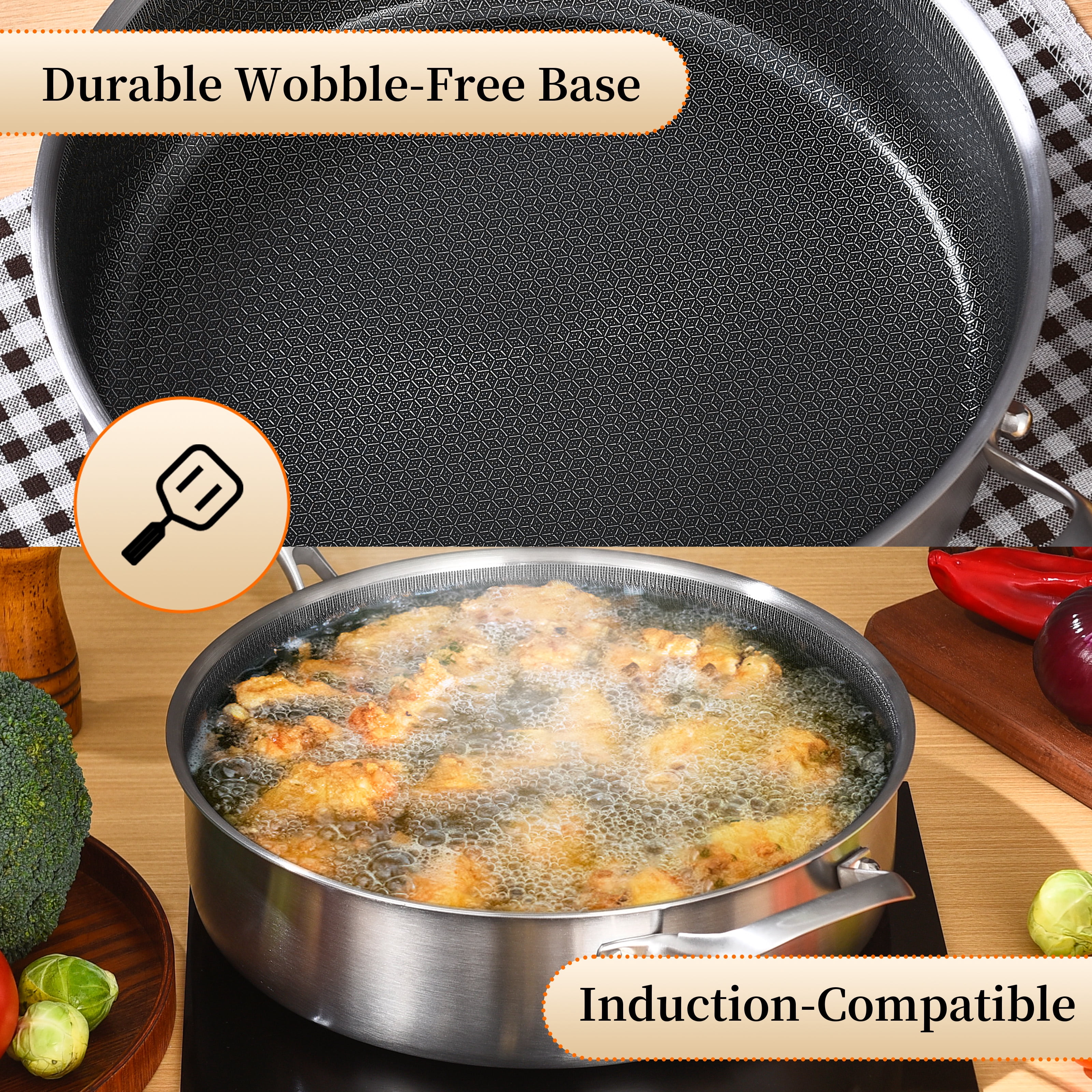 LOLYKITCH 7 Quarts Hybrid Non Stick Tri-Ply Stainless Steel Sauté Pan with Lid,12 inch Deep Frying Pan,Large Skillet,Induction Cooking Pan,Oven Safe and Detachable Handle.