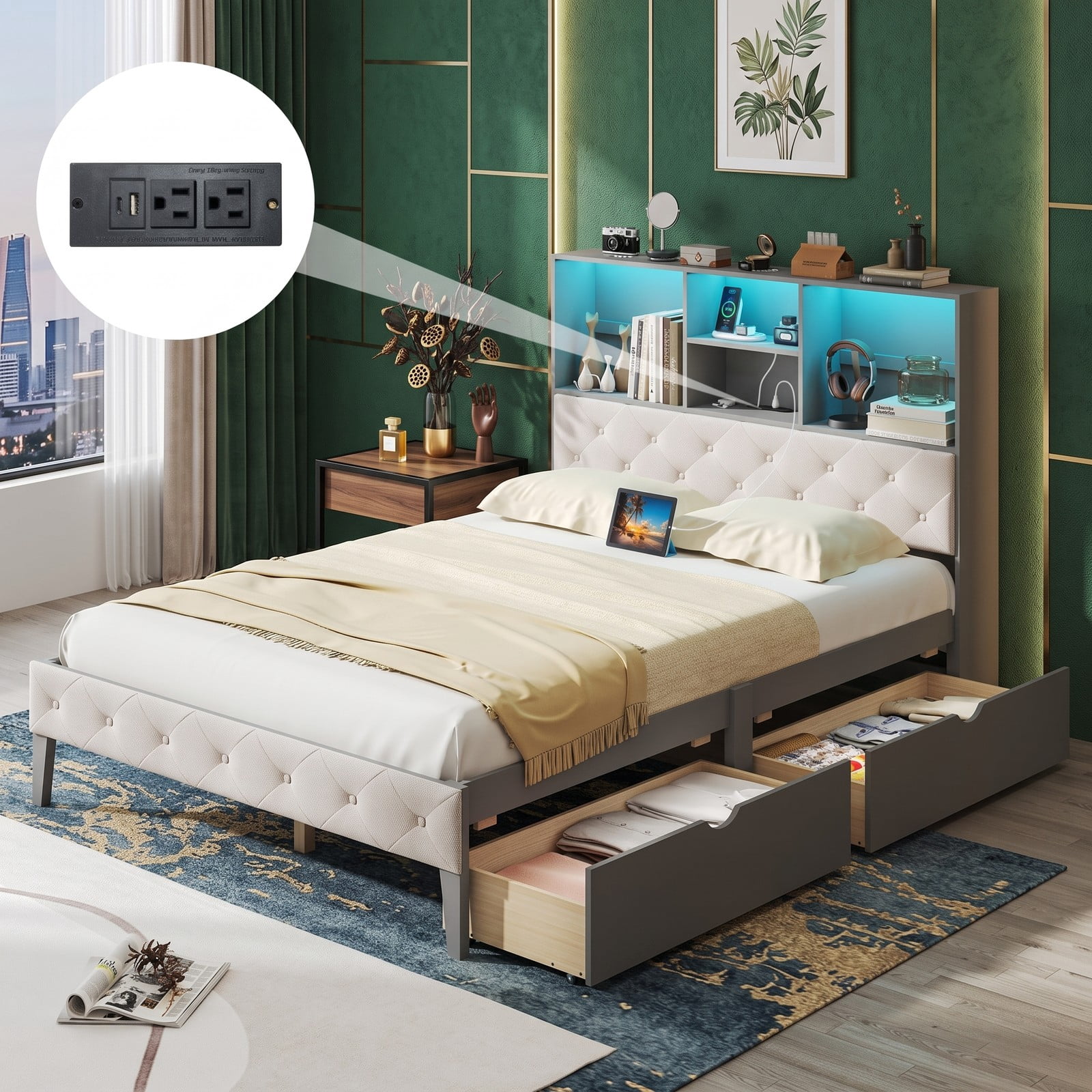 Furnibear Full Size Bed Frame with Bookcase Storage Headboard, LED Lights, Upholstered Platform Bed with 2 Drawers, Gray
