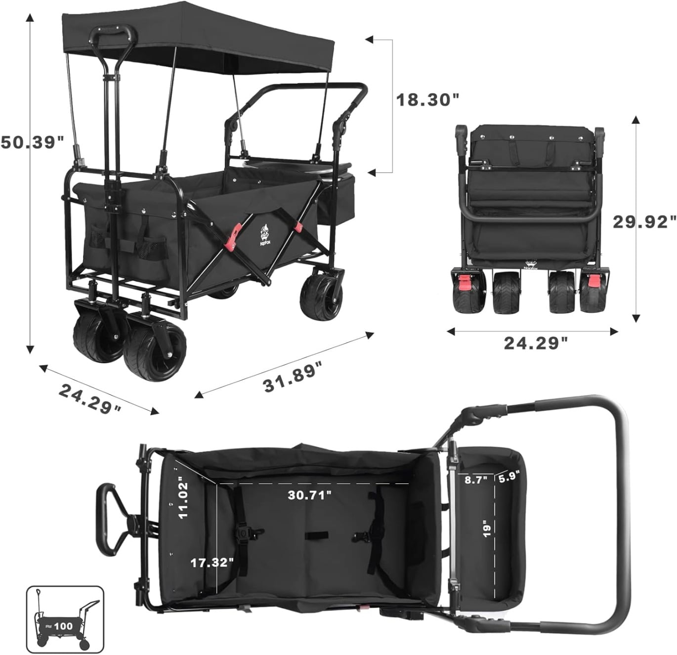 Collapsible Wagon Wagon Cart with Removable Canopy, Heavy Duty Foldable Beach Wagon with  All Terrain Wheels and Brake, Adjustable Push Pull Handle, 220LBS Cooler Bag Utility Carts for Outdoor, Black