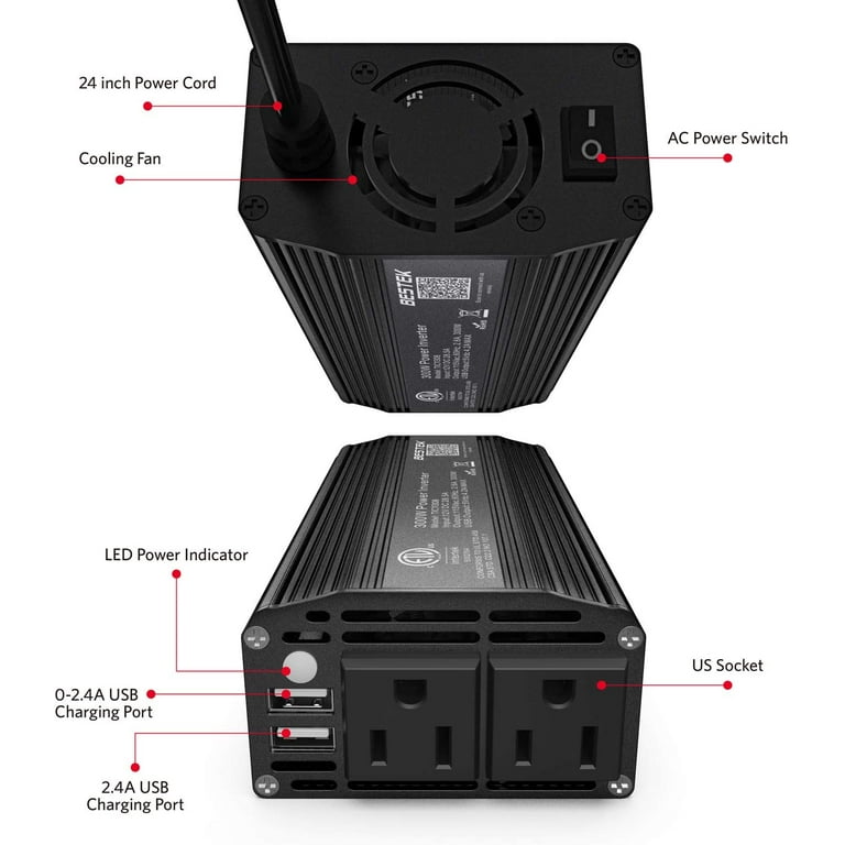 BESTEK 300W Power Inverter - DC 12V to 110V AC, 4.2A Dual USB Car Adapter 