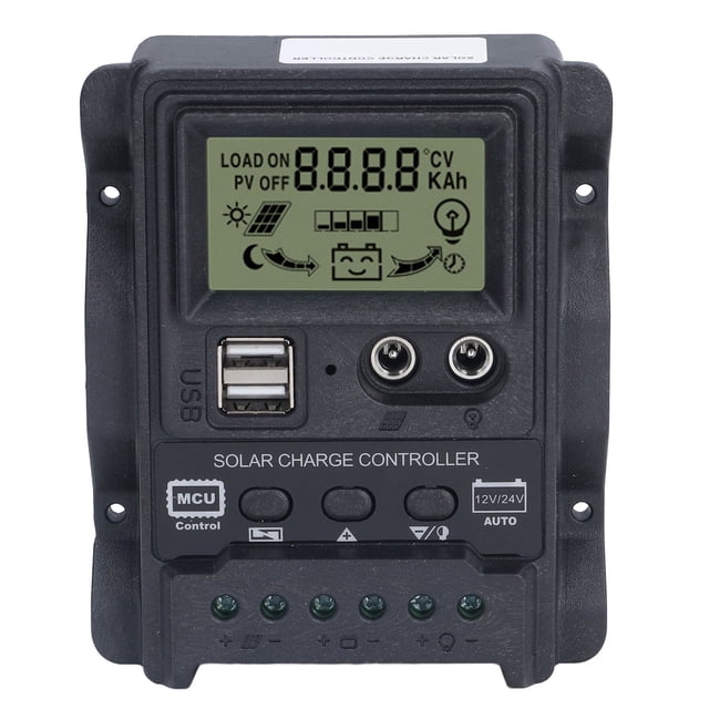 Controlador de carga solar USB dual con pantalla LCD ABS, controlador de carga PWM, control de luz, 12 V, 24 V, 20 A, 260 W, 520 W.