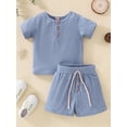 thumbnail image 2 of Seyurigaoka 2Pcs Baby Boys Summer Casual Clothes Suit, Solid Color Henley Neck T-shirt and Drawstring Shorts, 2 of 9