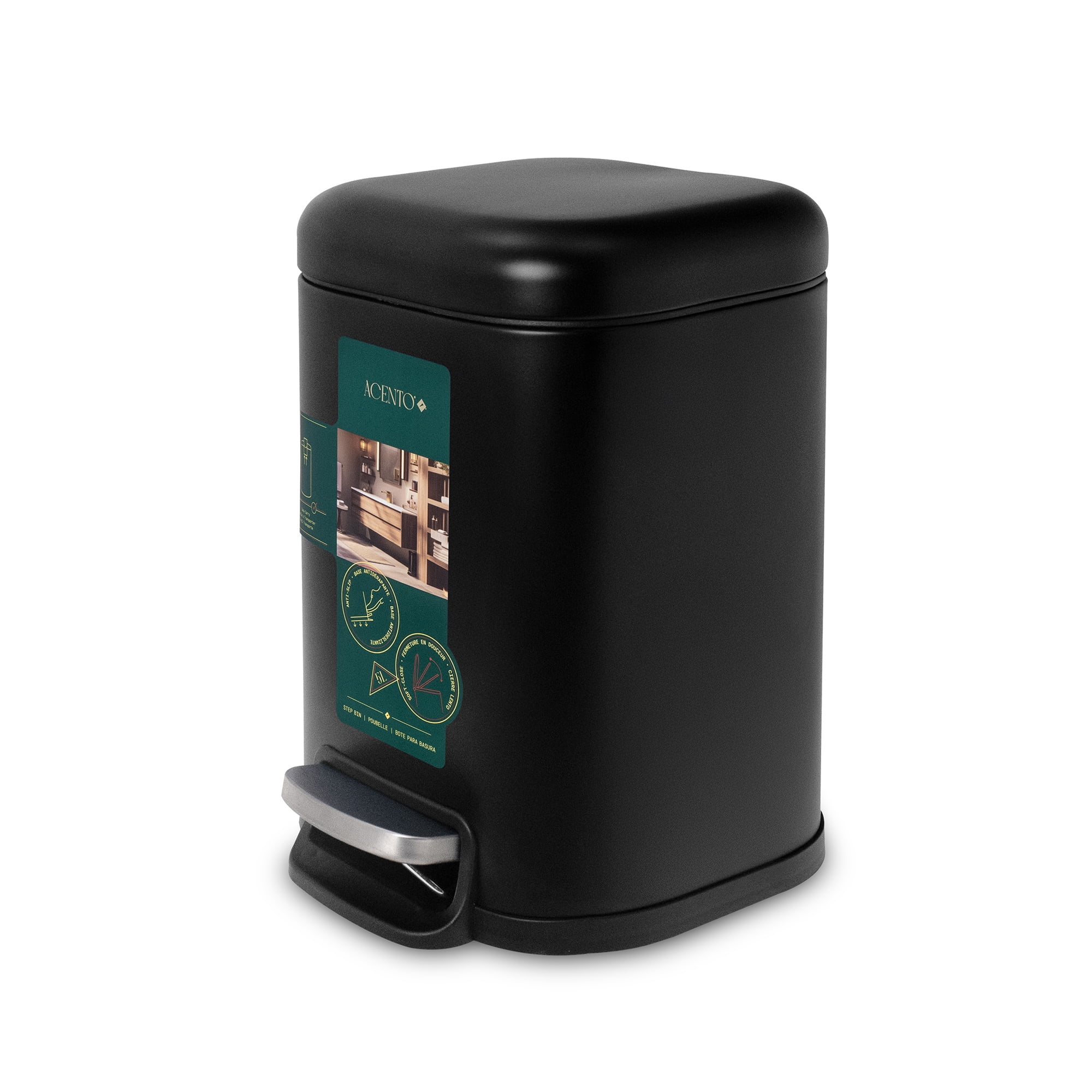 Acento Cubo Square Step Trash Can, 1.6 Gallon Compact Bathroom Waste Bin with Soft Close and Stay Open Lid, Removable Inner Bucket, Matte Black