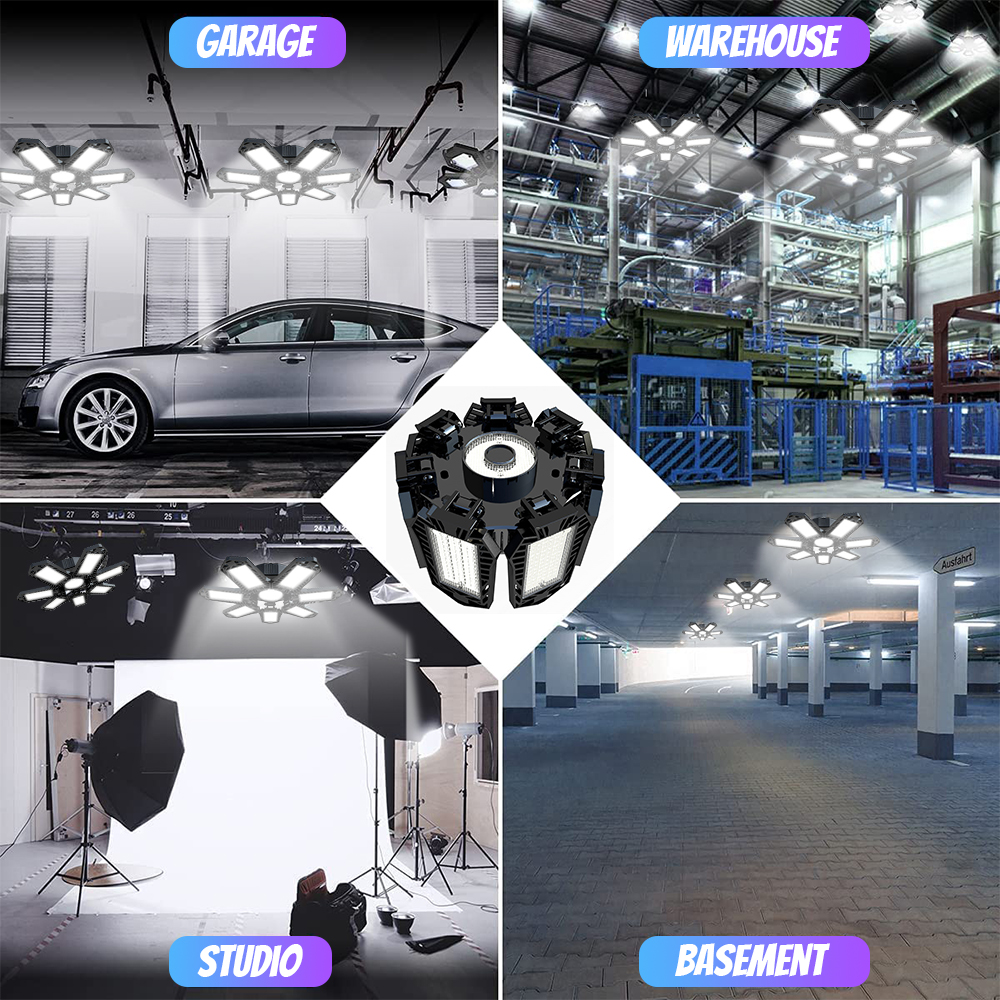 2Pack LED Garage Light, 120W Deformable Ceiling Light Fixture with 7+1 Adjustable Panels, 21000LM E26/E27 for Garage, Workshop, Attic, Basement