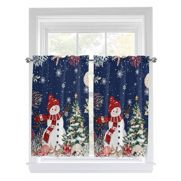 Navy Blue Christmas Bathroom Window Curtain, Snowman Xmas Tree Coastal Snowflake Starfish Light Filtering Coffee Kitchen Curtains, Bedroom Living Room Curtains 2 Panel 84"x54"