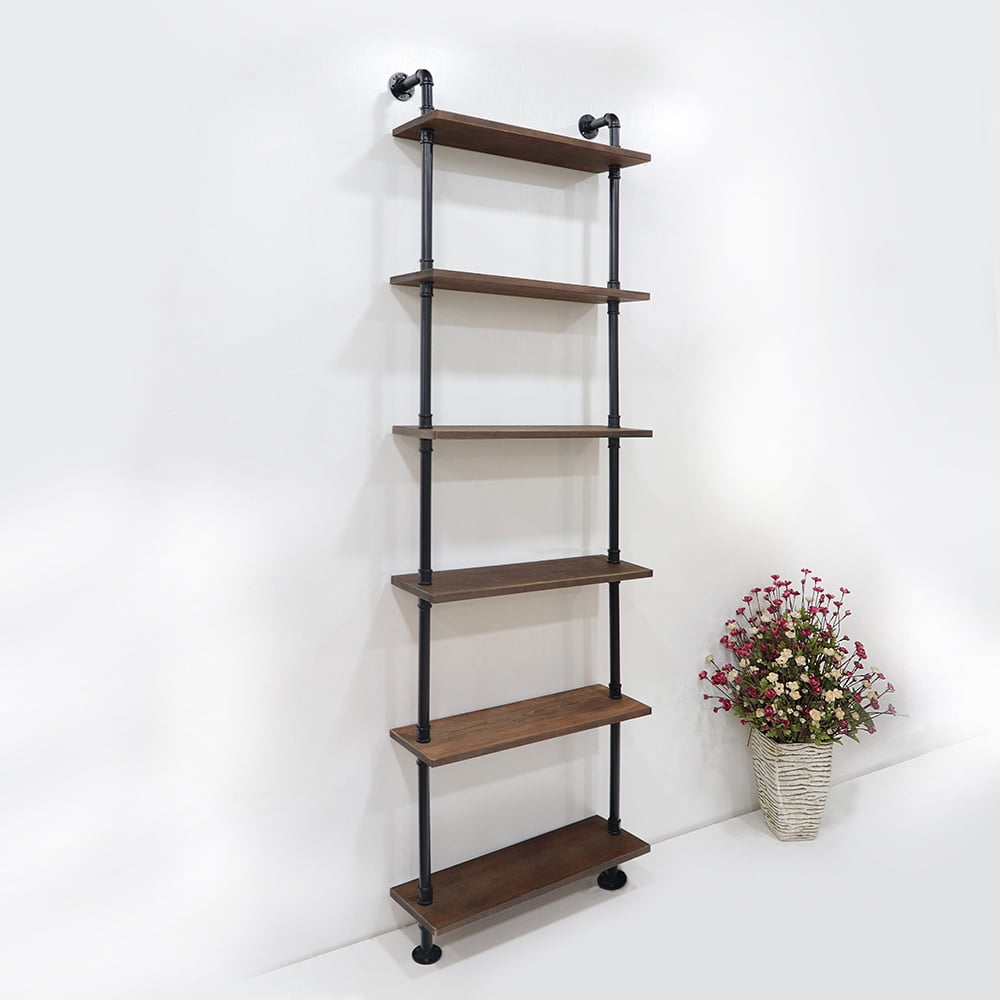 ATT Industrial Pipe Shelf Wall Shelf Rustic Wood with Black Iron Pipe 6