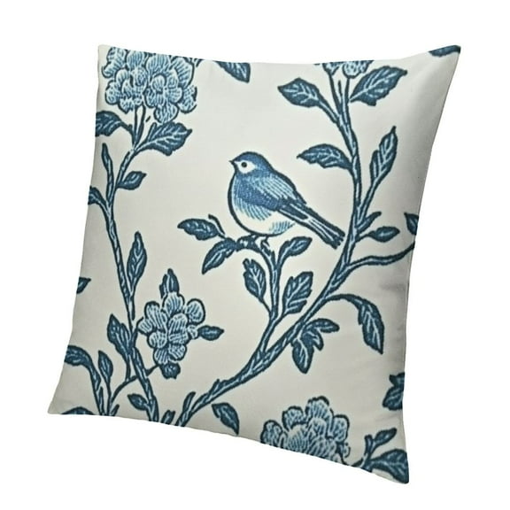 Blue Floral Block Print Pillow Covers Green Chinoiserie Flowers Birds Decorative Pillows Outdoor