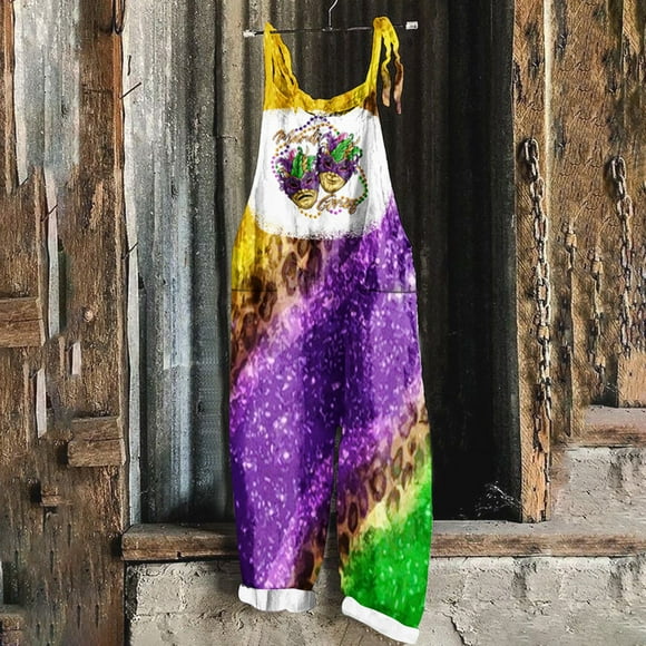 DDAPJ pyju 2024 Mardi Gras Jumpsuits for Women Funny Mask Graphic Bib Overalls Sleeveless Spaghetti Straps Wide Leg Rompers New Orleans Carnival Party Jumpsuit with Pockets Multicolor XL