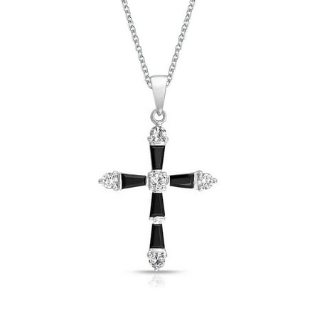 - Vintage Style Black and White Baguette Cross Pendant Rhodium Plated Necklace For Women 18 Inches