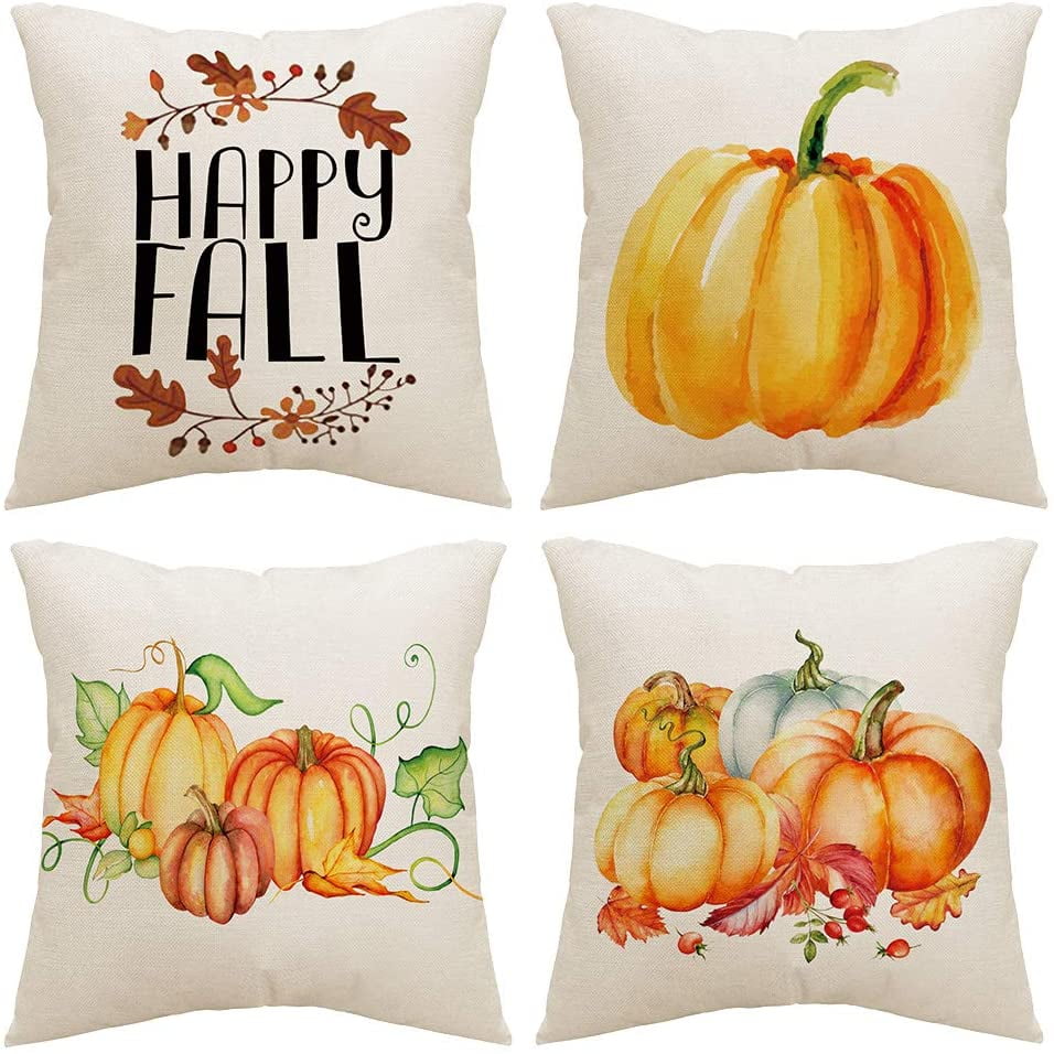 Fall Pillow Covers 18x18 Inch Set of 4 Harvest Pumpkins Leaves Autumn