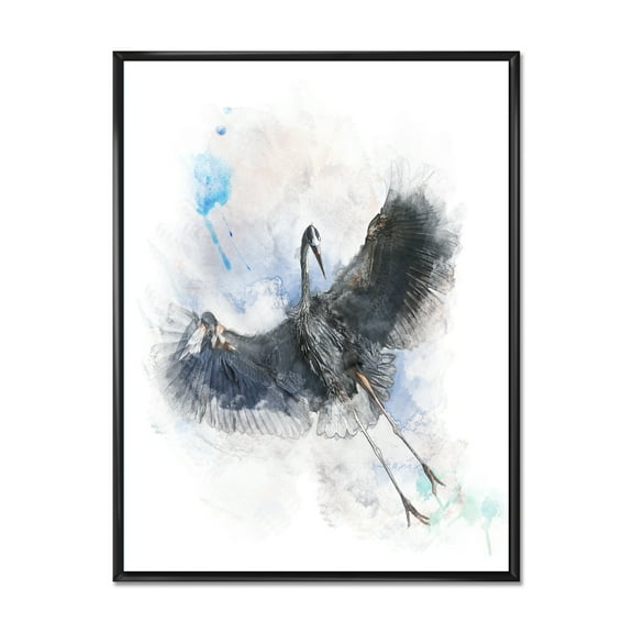 Designart 'Great Dark Blue Heron Bird Illustration' Farmhouse Framed Canvas Wall Art Print