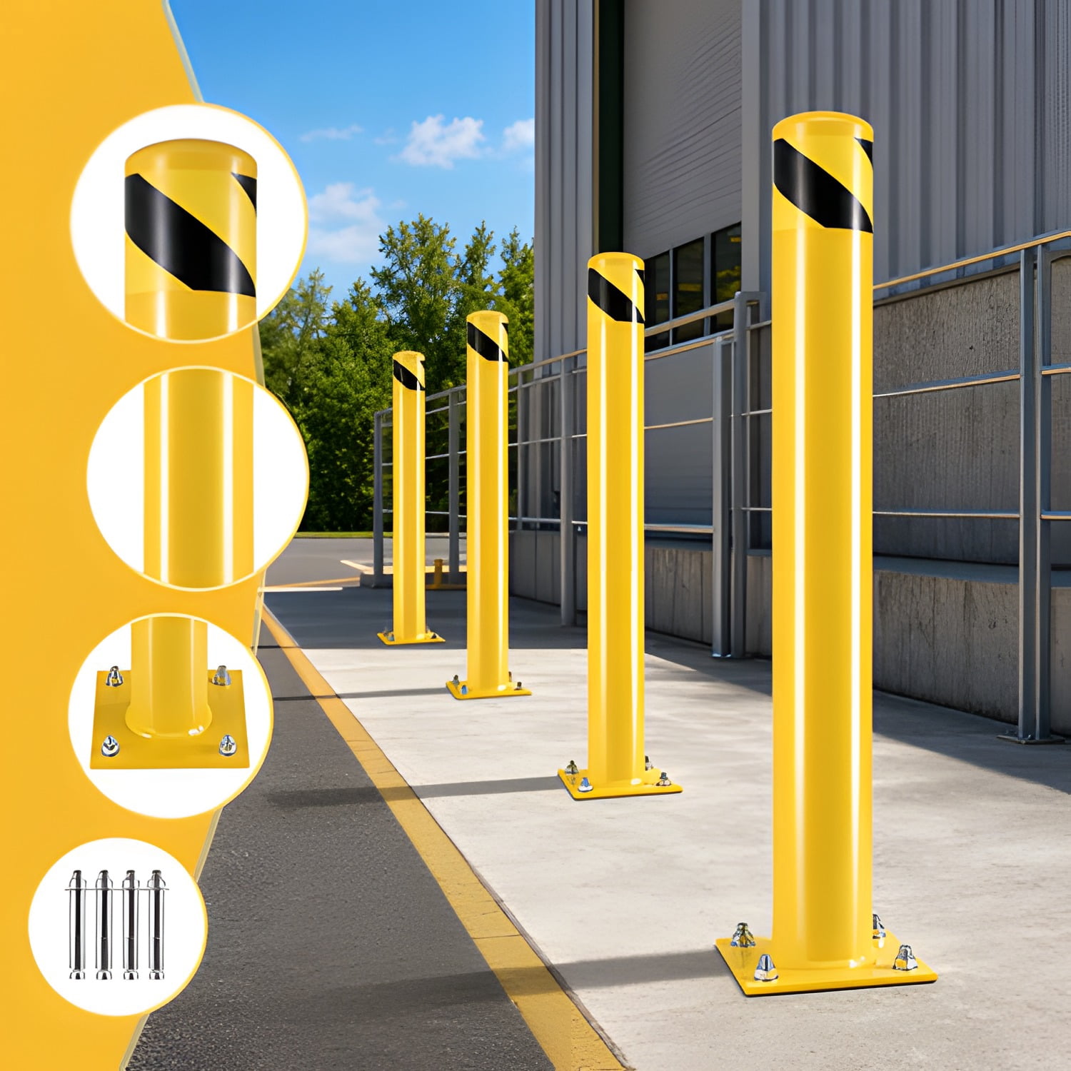 Safety Bollard, 36 Inch Height Bollard Post, 4.5 Inch Diameter Steel Pipe Safety Bollard Post, Yellow Steel Bollard, Steel Safety Bollard with 8 Anchor Bolts, Perfect for Traffic-Sensitive Area