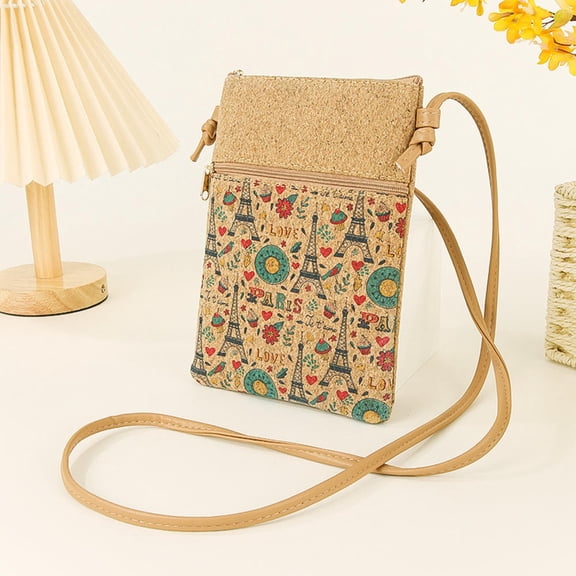 Women's Messenger Bag Fashion Cork Phone Bag Ladies Crossbody Shoulder Bag Adjustable Shoulder Strap Double Zipper