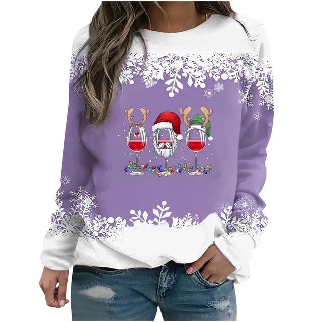 Chandails à Capuchon pour Adolescentes T-shirt Imprimé d'Hiver pour Femmes Manches Longues Blouse Col Rond Hauts Décontractés Chandail en Molleton d'Automne en Liquidation