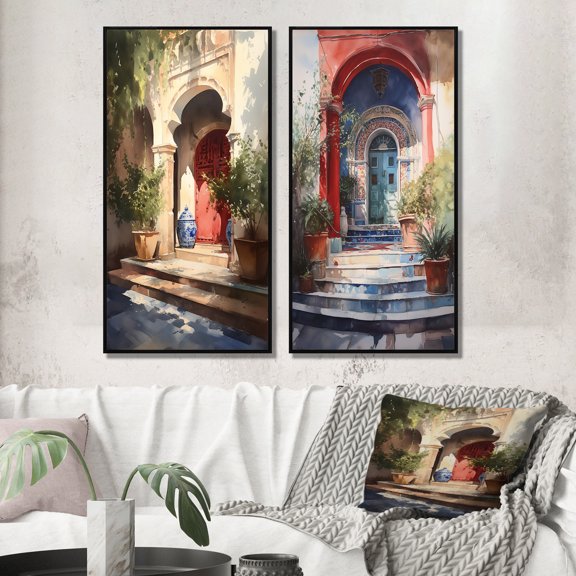 Designart "Rustic Stairway Welcoming Cottage Entry IV" Farm Framed Wall Art Set Of 2 - Country Red Framed Canvas Set For Living Room Decor