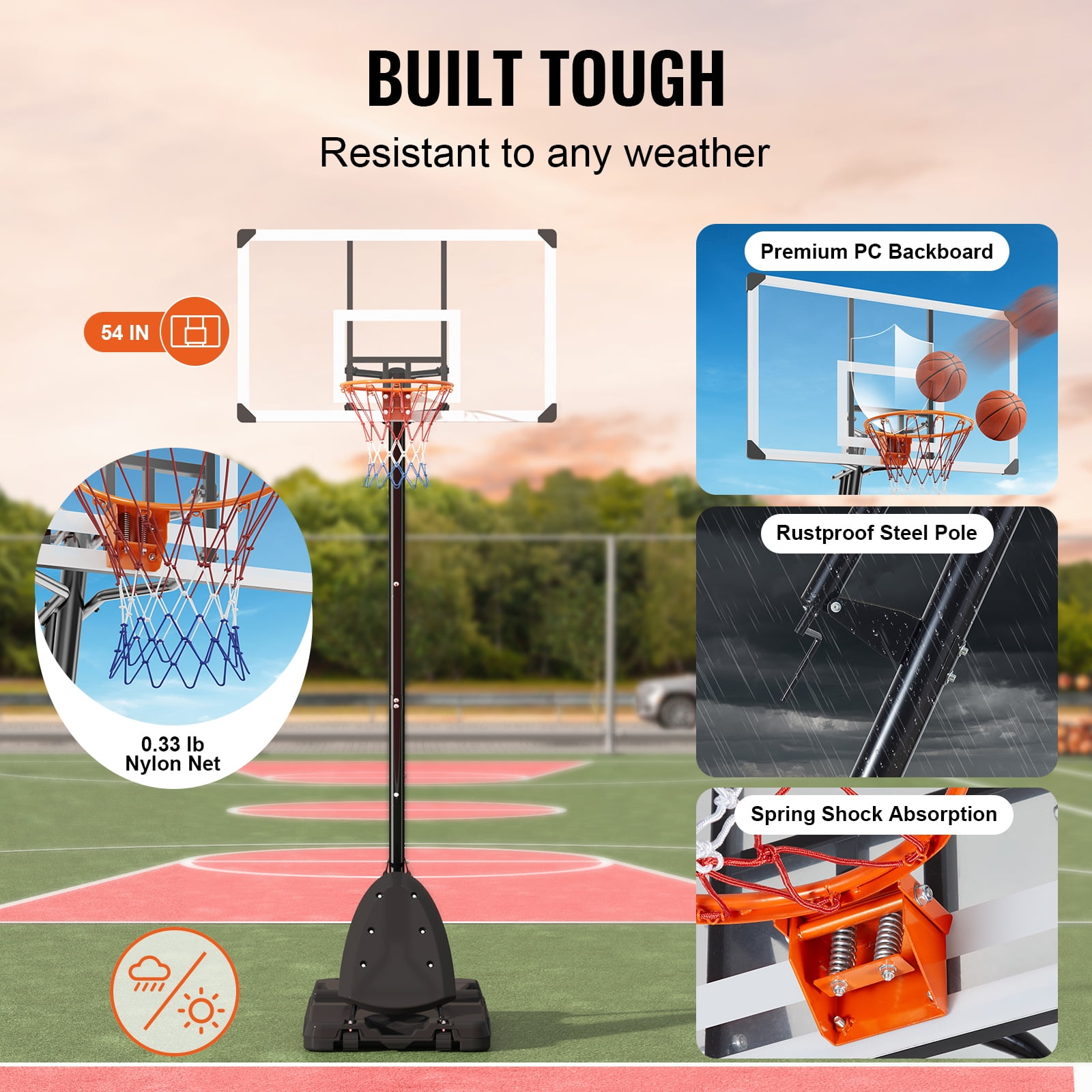 KFFKFF 54" Portable Basketball Hoop Stand, 7.6-10 ft Height Adjustable Portable Basketball Hoop System with PC Backboard, Hoop & Goal System, Wheels & Weighted Base for Youth & Adults