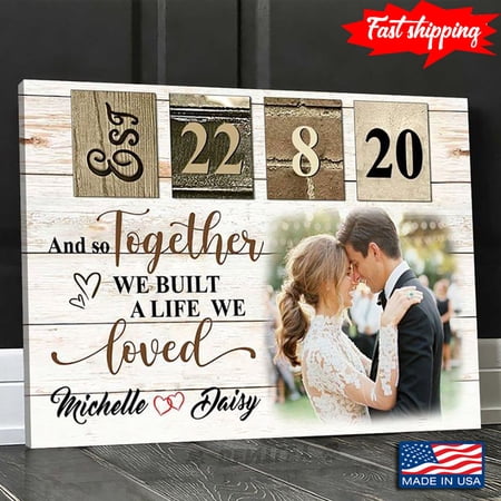 Personalized Name & Date Wooden Theme Happy Couple And So Together We Built A Life We Loved 11 x 17 Inch Poster