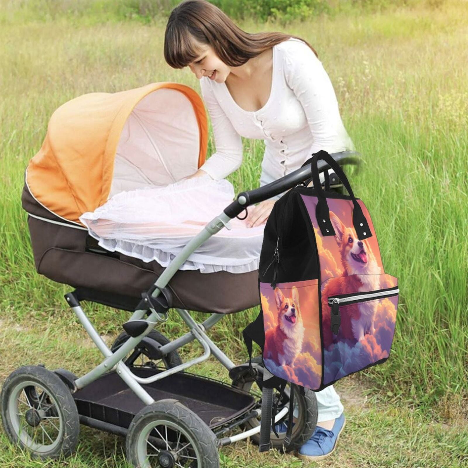 Fuzoiu Sunset Cloud Corgi Print Diaper Bag Backpack,Baby Essentials Travel Tote,Multi function Waterproof Diaper Bag, Travel Essentials Baby Bag - Unisex