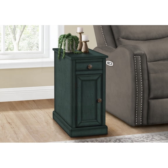 Traditional Narrow Side Accent Table, Bedroom Use, Antique Blue Veneer, Storage Drawer