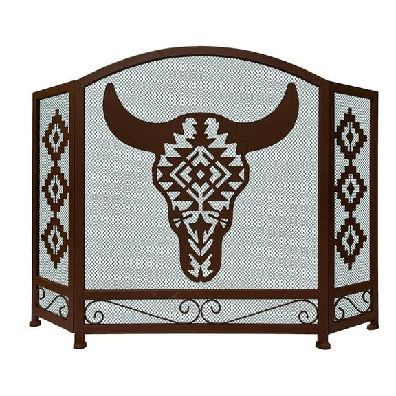 Three-Panel Foldable Fireplace Screen with Southwest Tribal Bull Skull Design