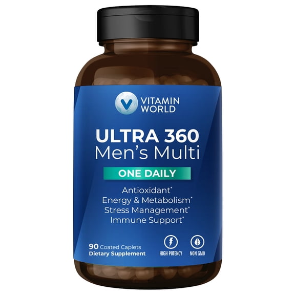 Vitamin World Ultra 360 Multivitamin for Men One Daily, Men's Multivitamin with Minerals, Herbs & Antioxidants, Daily Supplement with Vitamin A, C, D, E & Zinc for Energy & Immune Support, 90 Caplets