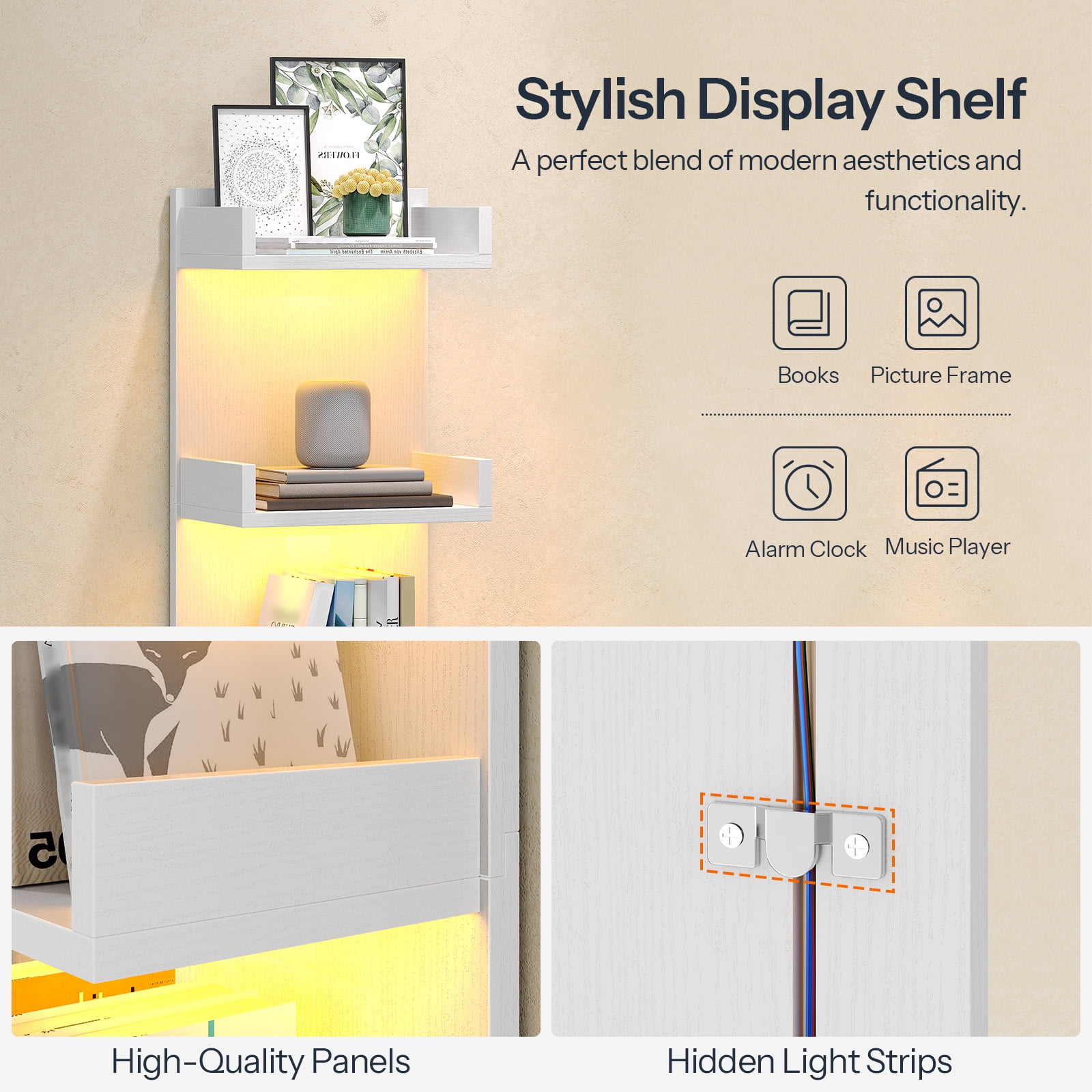 Vertical 4-Tier LED Floating Wall Shelves, White