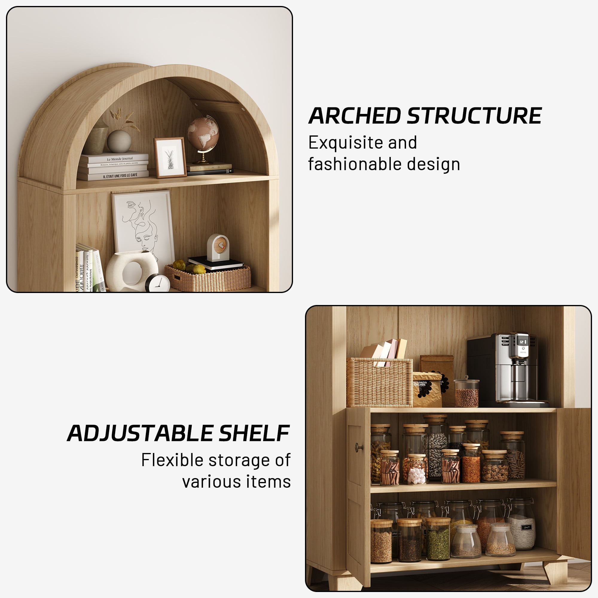70'' Tall Arched Cabinet, Arched Kitchen Pantry Cabinet with 2 Doors and 5shelves, Open Storage Cabinets Display Bookcase, Versatile Cupboard for Living Room(Wood color)