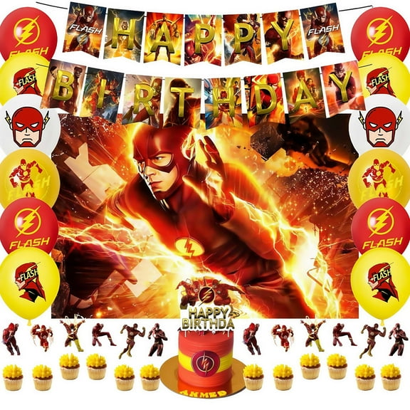 Cartoon The Flash birthday decoration, party supplies set including birthday banner, backdrop, balloons, cake and cupcake decorations, cartoon theme party set for boys and girls