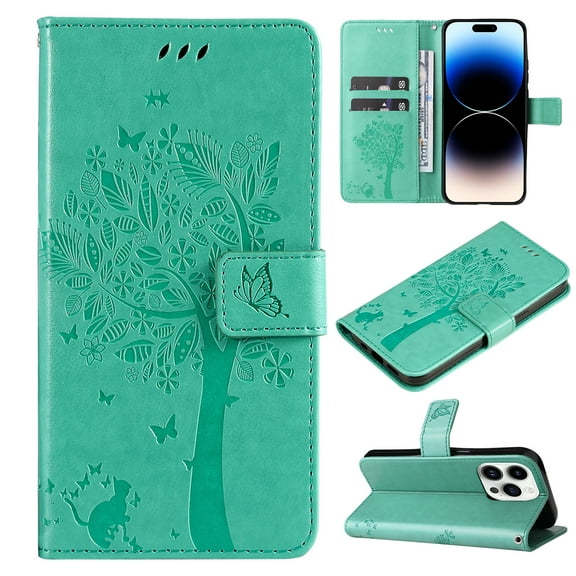 TECH CIRCLE Case for iPhone 15 Pro Max (2023) - [Embossed Tree Design] Protective PU Leather Wallet Case with [Card Holder /Wrist Strap] Fold Stand Folio Cute Cover Shell, Green