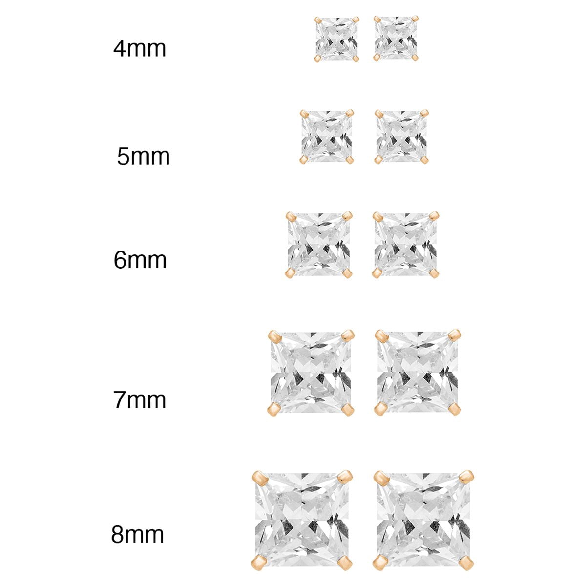 A&M 14k Yellow Gold Square Clear CZ Stud Earrings, 4mm to 8mm, with Post Back, Women's, Unisex