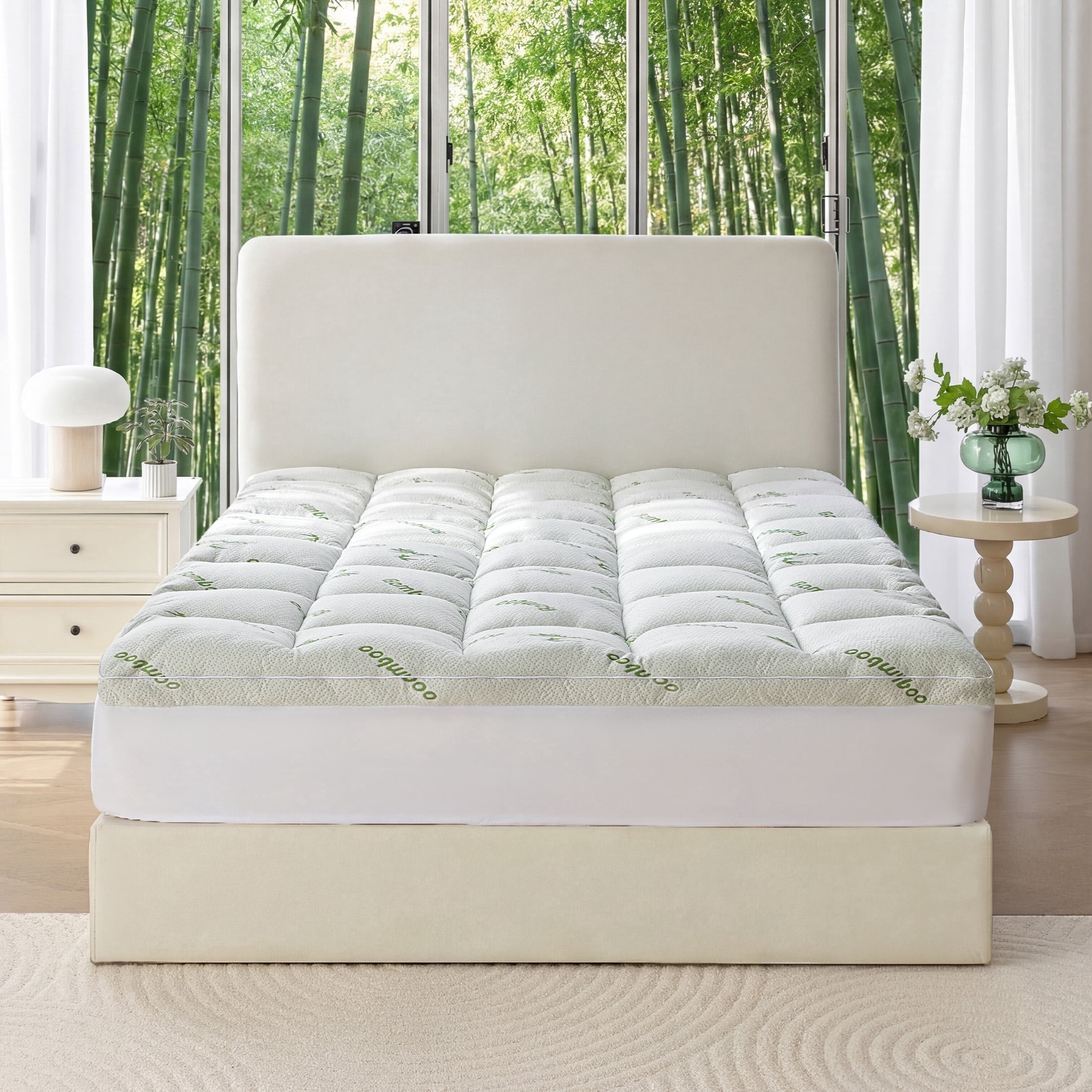 Sleep Zone Bamboo Mattress Topper Full Size with Deep Pockets, Soft Breathable Mattress Pad for Back Pain Relief, White