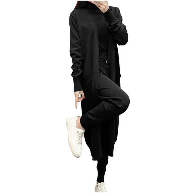 Timegard 3 Piece Knitted Outfits for Women Open Front Cardigans with Pockets Turtle Neck Sleeveless Sweater Drawstring Pants Sets