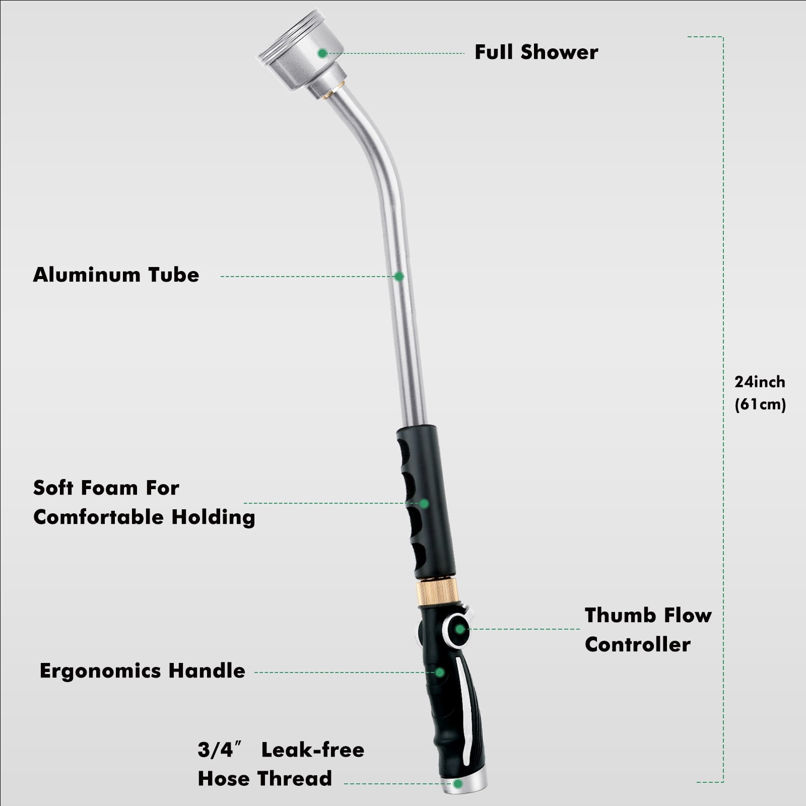 Restmo 24 Inch Metal Watering Wand, Gentle Shower Sprayer with Thumb Flow Control, Heavy Duty Garden Hose Wand for Hanging Baskets, Shrubs, Flowers, Silver