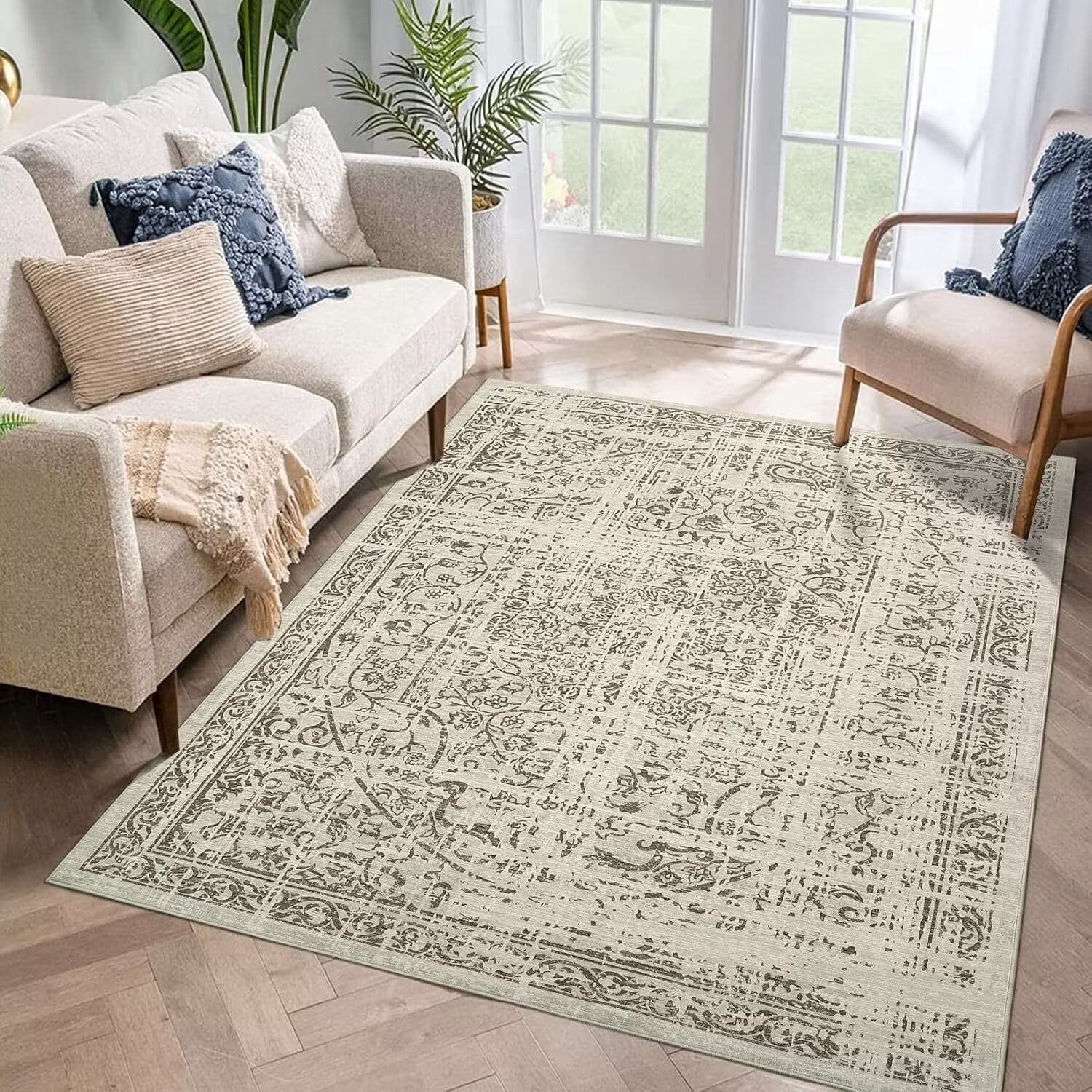 FairOnly Large Area Rugs 8'x10' Vintage Distressed Washable Carpet for Bedroom Camel Stain-Resistant for Home Office