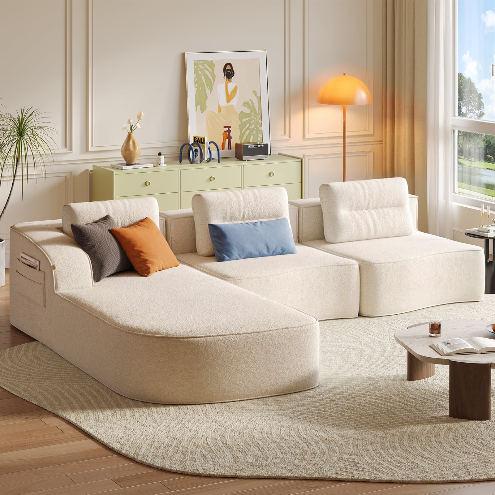 Pinmoco 111.8" Cloud Sectional Couch for Living Room, L-Shaped Modern Modular Couch with Deep Seat and Side Pockets, Upholstered Couches Boneless Sofa, No Assembly Required, Off White