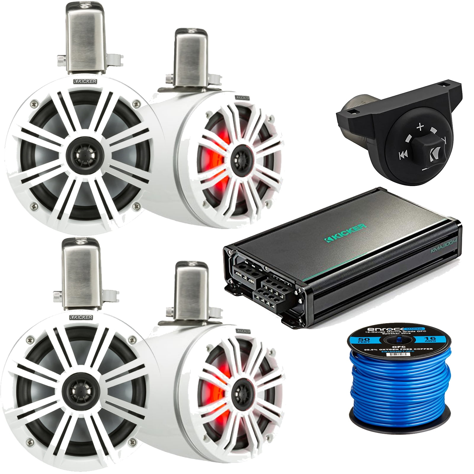 4 x Kicker 6.5" LED Loaded Marine Can Coaxial Speakers w/ White Grill on White Can, 4Channel