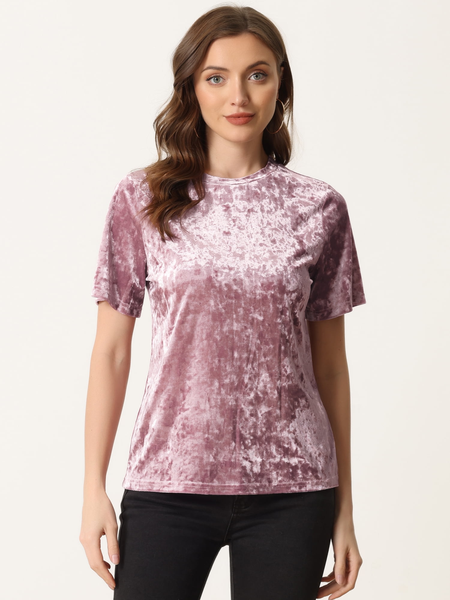 Unique Bargains Women's Casual Solid Round Neck Short Sleeve Velvet Top Pink L