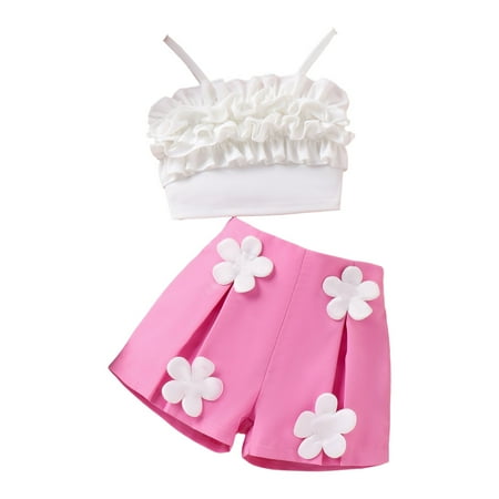 eczipvz Toddler Girls Summer Clothes 4-7Y Outfits Ruffle Camisole Tops and Casual Shorts Little Girl Clothing Hot Pink 5-6 Years