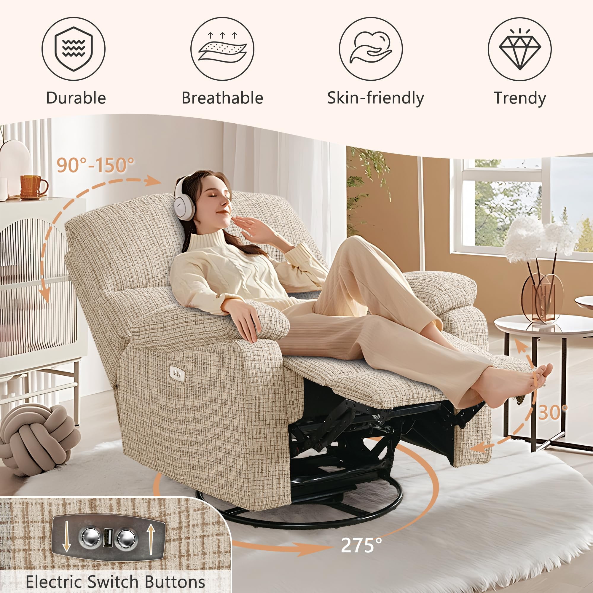 Power Recliner Chairs for Adults, Swivel Rocker Recliner Chair, Adjustable Electric Recliner with USB Port, Rocking Chair Nursery, Small Recliner for Living Room, Beige