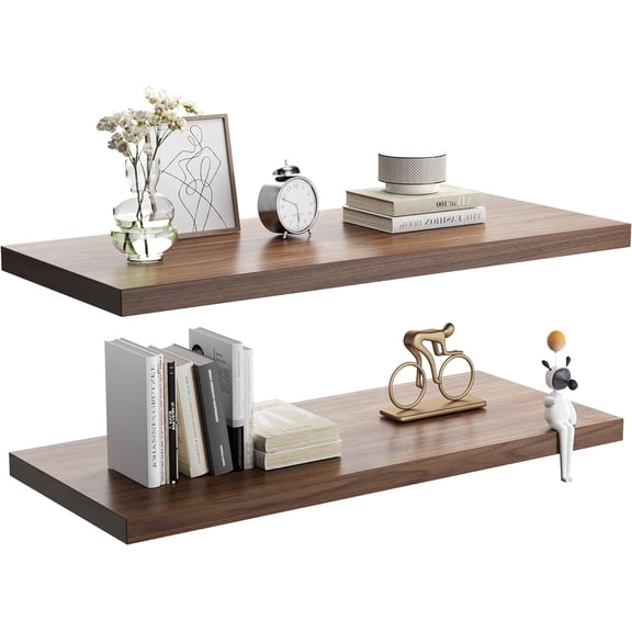 Dumekko Large Floating Shelves for Wall Set of 2 Wooden Wall Shelves 36 in x 12.75 in x 2 in Room Decor Long Shelf with Invisible Wall Mount Bracket for Bedroom, Kitchen, Living Room, Walnut
