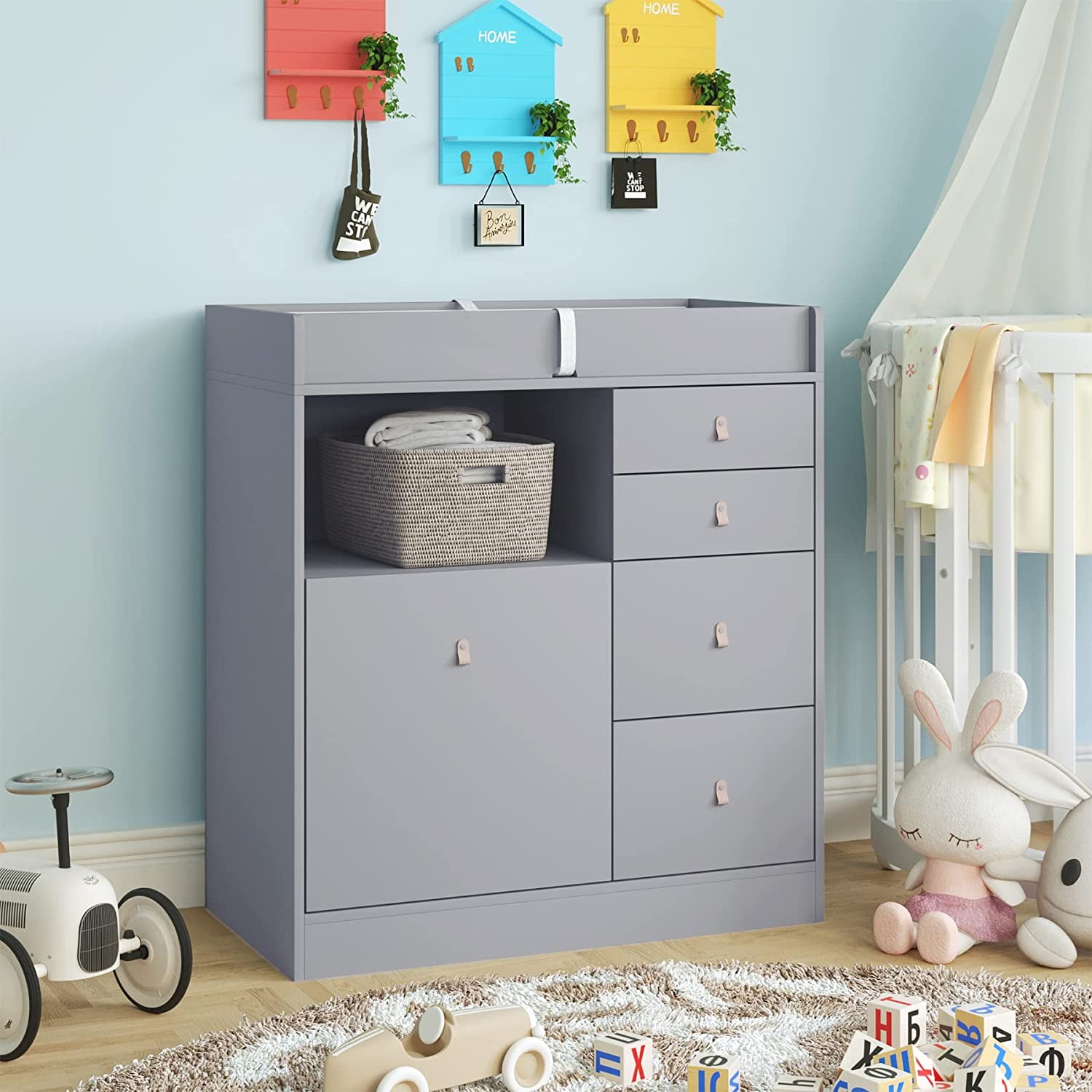 AIEGLE Changing Tables with 4 Drawers and Shelf, Nursery Baby Dresser Chest for Infants, Gray