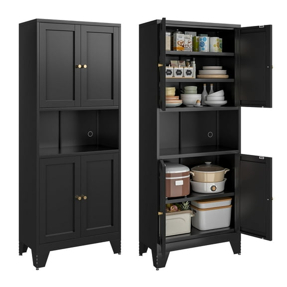 69" Metal Tall Kitchen Pantry Storage Cabinet with Glass Doors,  3 Adjustable Shelves, Freestanding