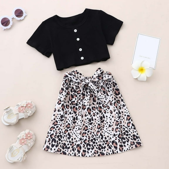 AURIGATE Toddler Baby Girl Dress Toddler Kids Baby Girl Summer Short SleeveTop Bow Leopard Skirt Clothes Suit