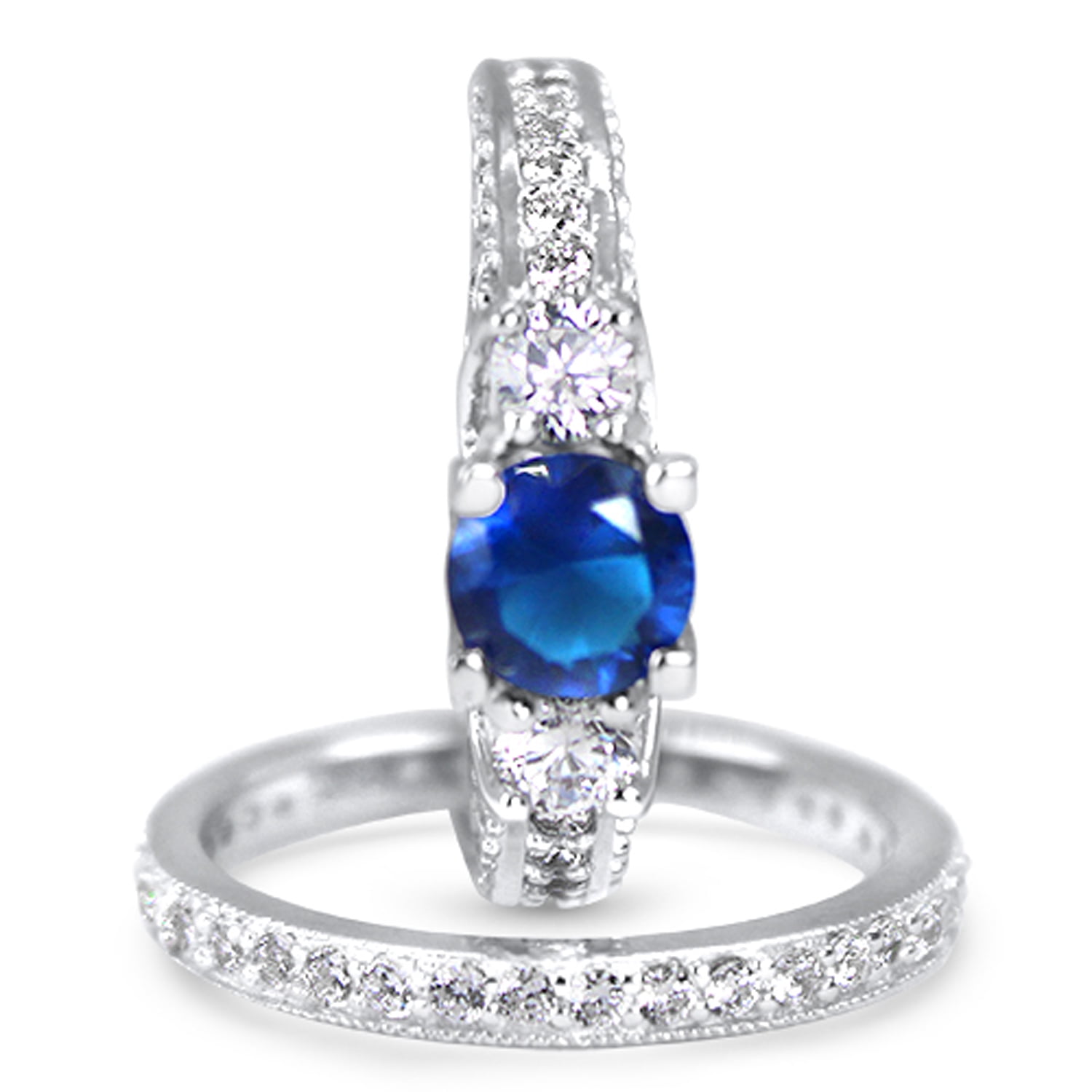 Simulated Diamond Sapphire CZ Wedding Engagement Ring Set Solitaire Silver Bridal Set for Women Size 10