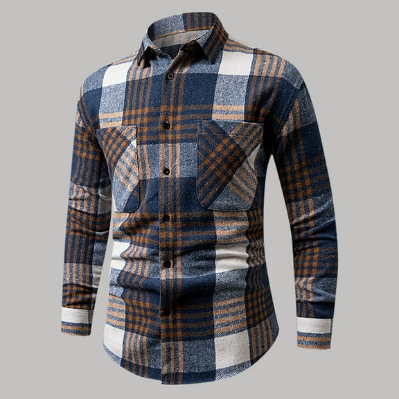 Handshe Men's Checkered Long Sleeve Shirt, Casual Button-Up Plaid Shirt with Dual Pockets, Stylish Versatile Outdoor Daily Wear,Plus Size