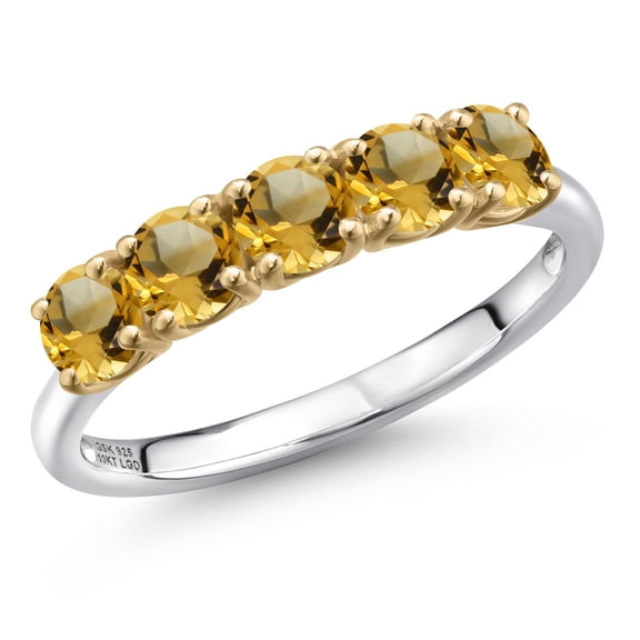 Gem Stone King 925 Silver and 10K Yellow Gold Yellow Citrine Wedding-Bands Ring for Women | 1.28 Cttw | Round 4MM | Gemstone November Birthstone | Size 9