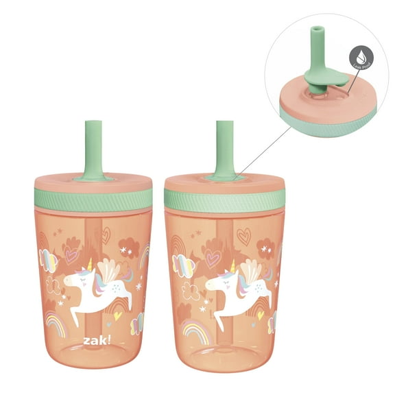 Zak Designs 15oz Kelso Toddler Cups For Travel or At Home, Durable Plastic Sippy Cups With Leak-Proof Design is Perfect For Kids (Unicorn)