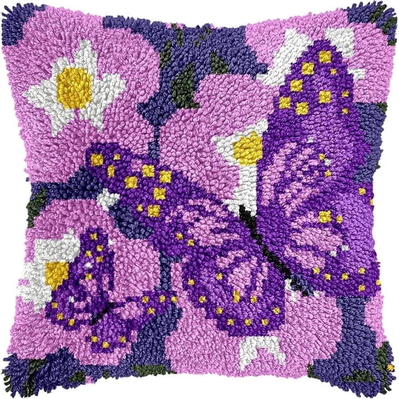 Butterfly Latch Hook Kits for Adults, Beginners Floral Latch Hook Pillow Kit Pre-Printed Latch Hook Rug Kits Cross-stitch Cushion for Home Sofa Decoration 17x17 in. Handmade Gift